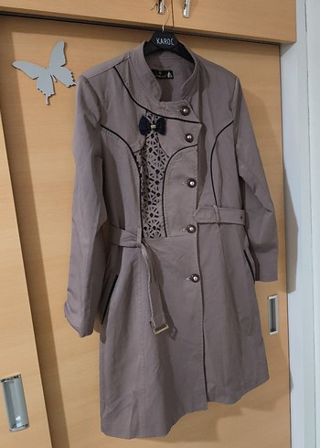 Düğmeli Bej Kadın Uzun Trençkot - Görsel 2