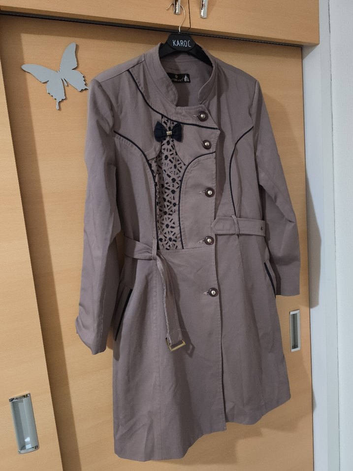 Düğmeli Bej Kadın Uzun Trençkot - Görsel 2