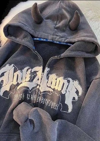 Kapüşonlu Gri Punk Tarzı Fermuarlı Sweatshirt