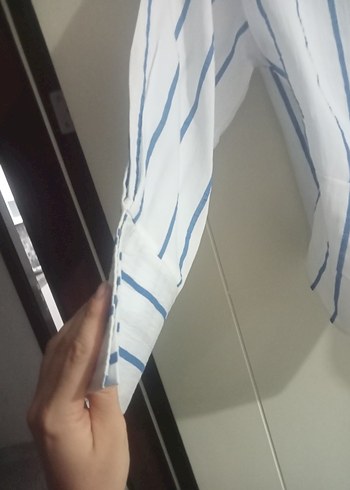 yandan bağlamalı Çizgili Beyaz Kadın Gömlek - Görsel 4