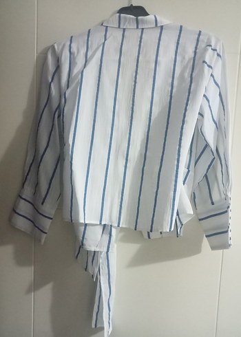 yandan bağlamalı Çizgili Beyaz Kadın Gömlek - Görsel 2