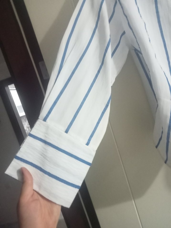 yandan bağlamalı Çizgili Beyaz Kadın Gömlek - Görsel 3