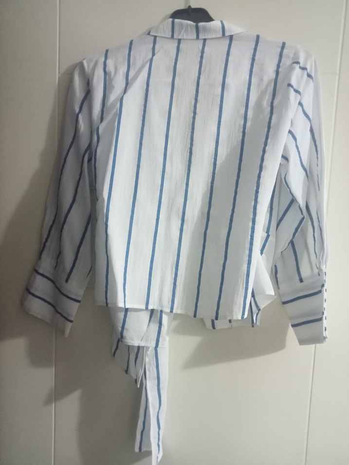 yandan bağlamalı Çizgili Beyaz Kadın Gömlek - Görsel 2