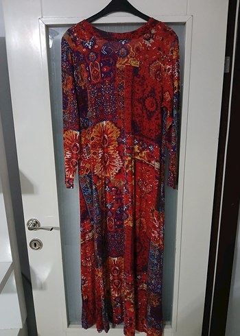 Renkli Uzun Bohem Desenli Elbise - Görsel 2