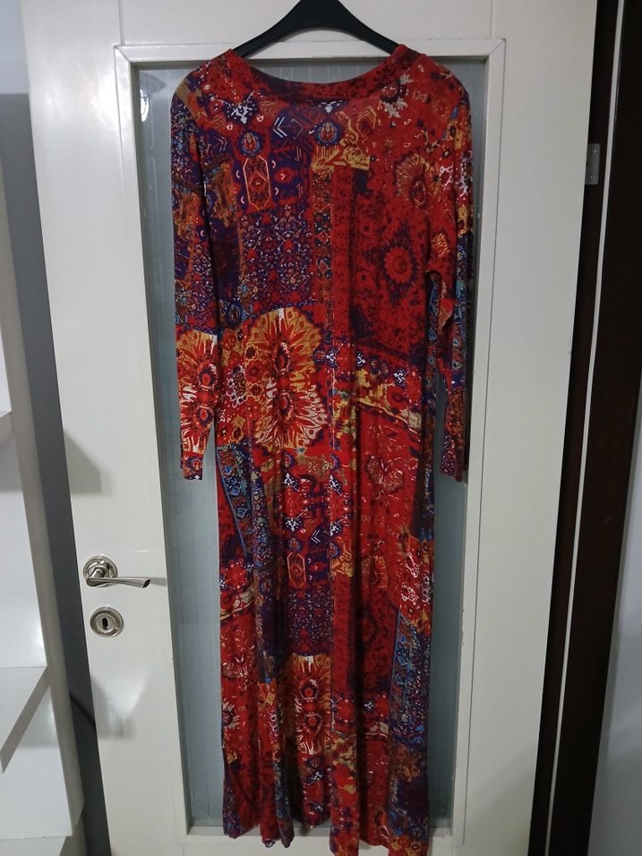 Renkli Uzun Bohem Desenli Elbise - Görsel 2