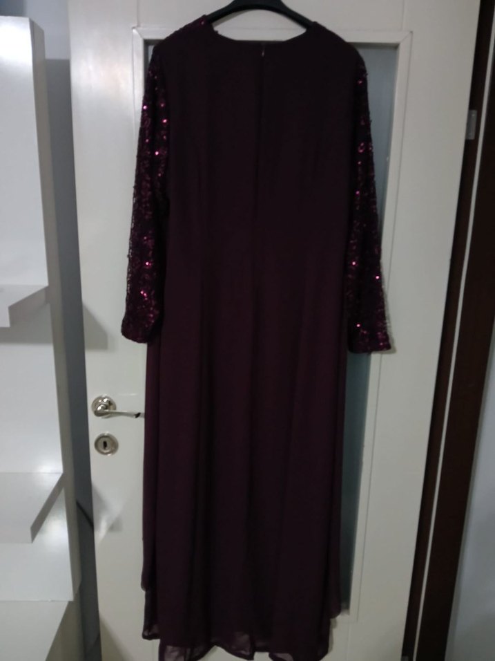 mor Uzun Kollu Drapeli Abiye Elbise - Görsel 3