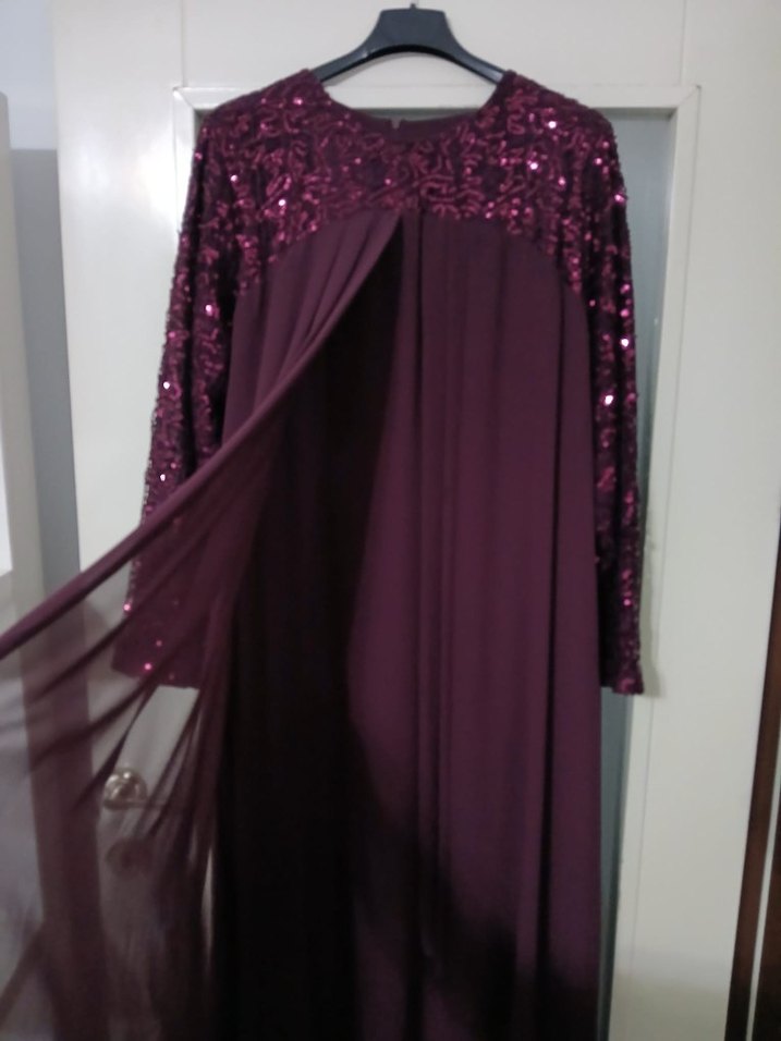 mor Uzun Kollu Drapeli Abiye Elbise - Görsel 2