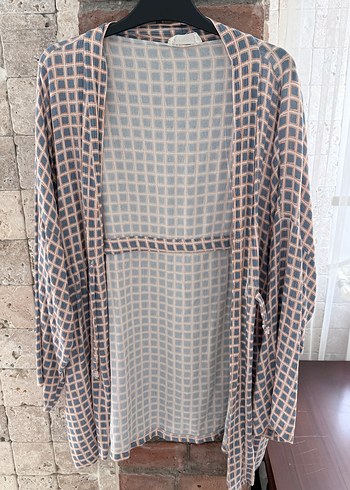 Mavi-Turıncu Ekose Desenli Pamuk-Keten Manuka Kimono - Görsel 2