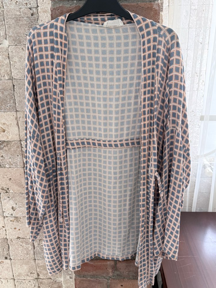 Mavi-Turıncu Ekose Desenli Pamuk-Keten Manuka Kimono - Görsel 2