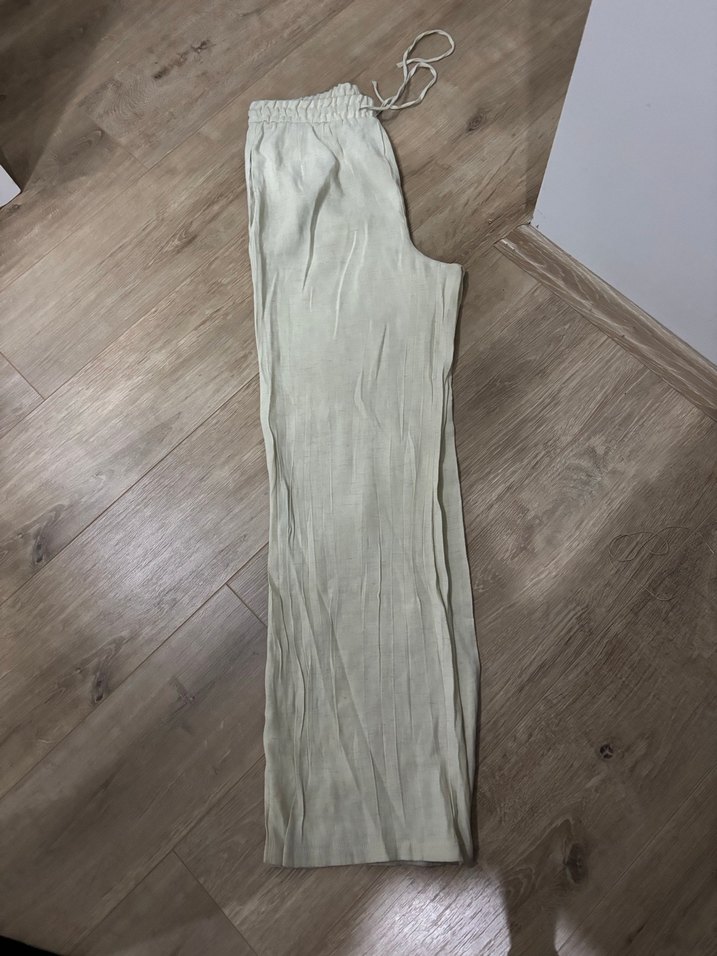 Bej Bol Kesim Keten Kadın Pantolon - Görsel 5