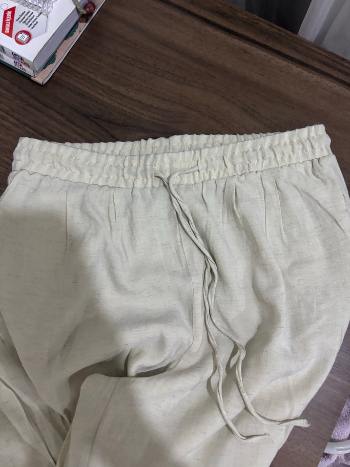Bej Bol Kesim Keten Kadın Pantolon - Görsel 2