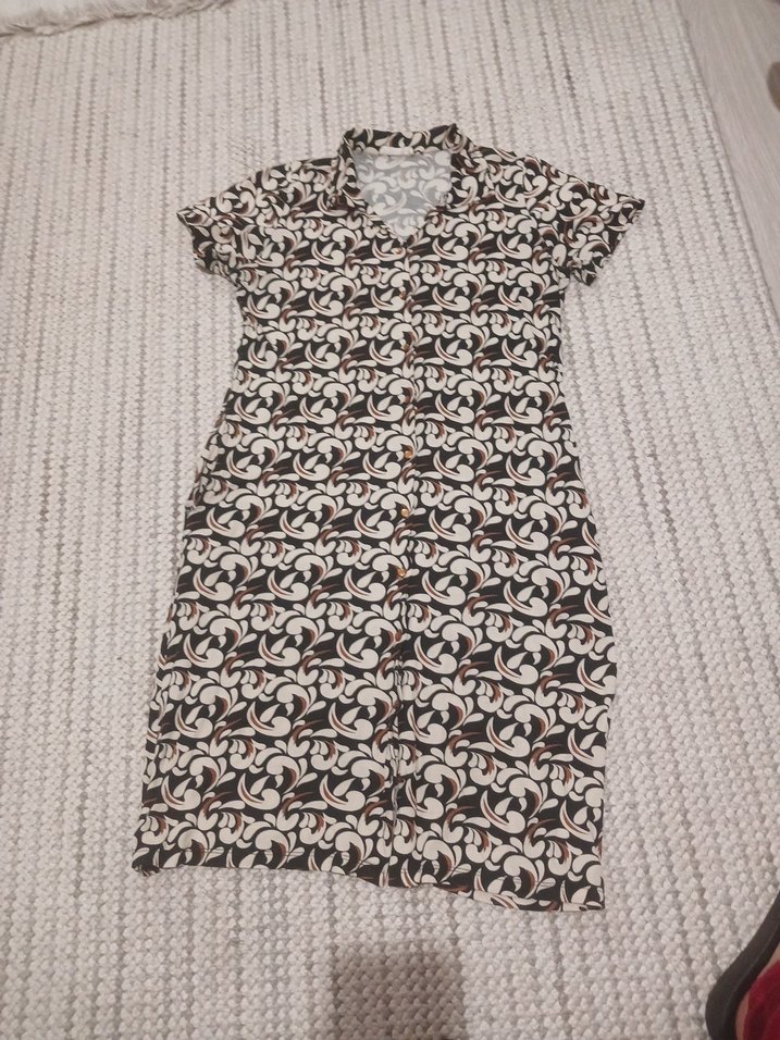 Desenli V Yaka Penye Kadın Elbise - Görsel 2