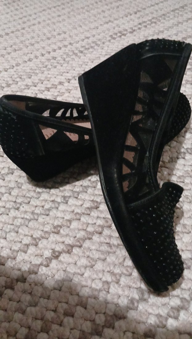 Siyah Parlak Taşlı Dolgu Topuklu Kadın Babet - Görsel 4