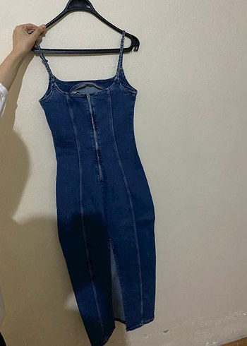 Dilvin Lacivert Denim İnce Askılı Kalem Elbise