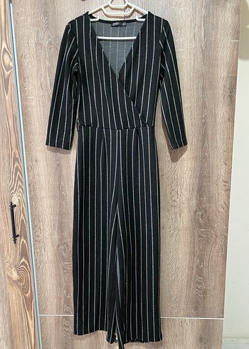 Gri Çizgili V Yaka Kadın Tulum - Görsel 2