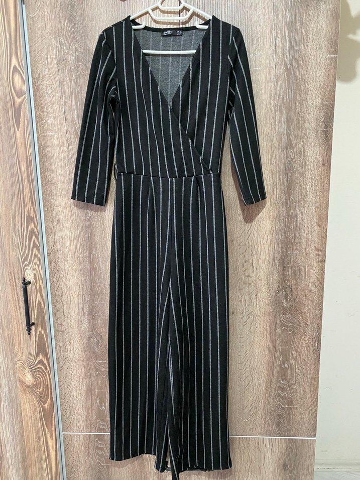 Gri Çizgili V Yaka Kadın Tulum - Görsel 2