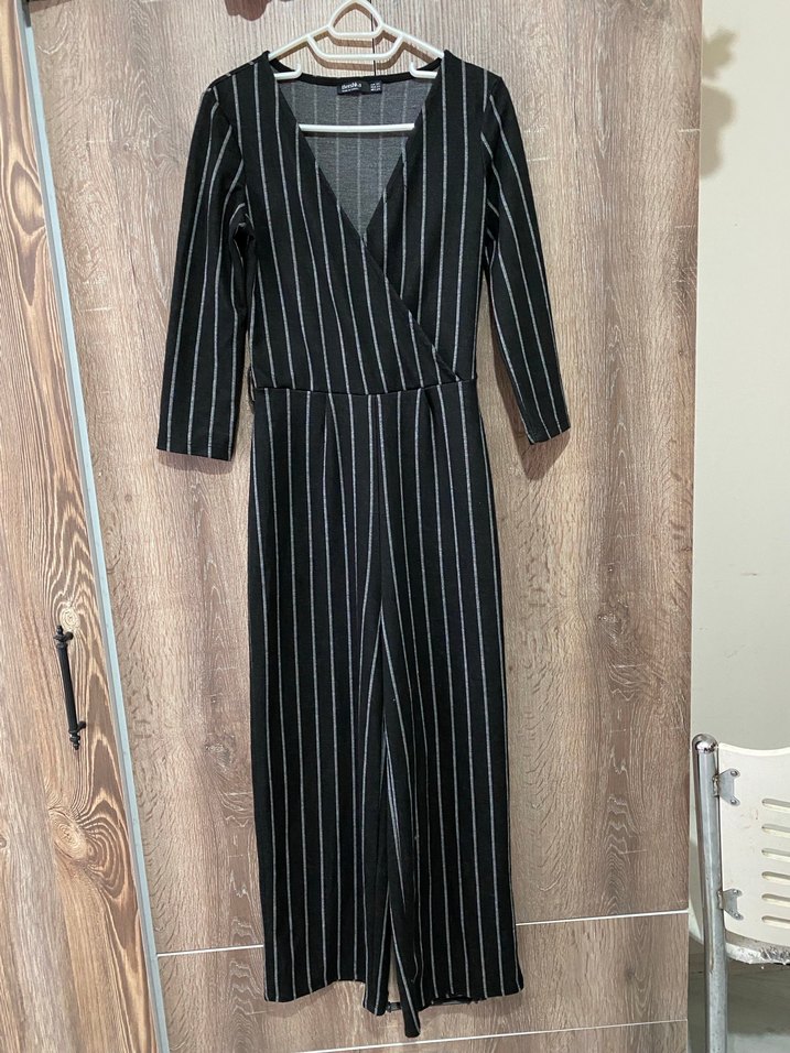 Gri V Yaka Uzun Kollu Kadın Tulum - Görsel 2