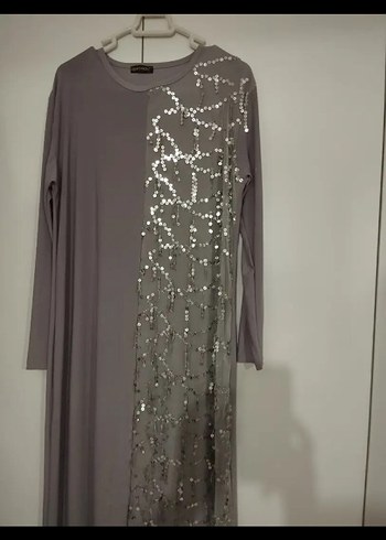 Gri Payetli Uzun Kollu Uzun Abiye Elbise - Görsel 2