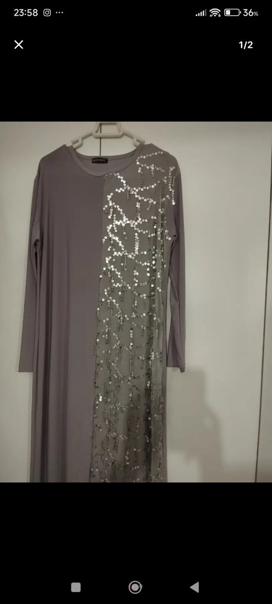 Gri Payetli Uzun Kollu Uzun Abiye Elbise - Görsel 2