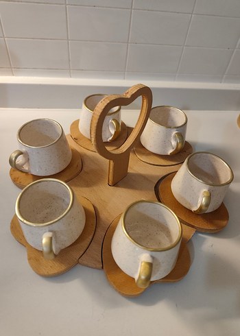 Beyaz Seramik Mini Fincan Seti Ahşap Standlı - Görsel 3