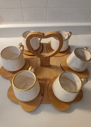 Beyaz Seramik Mini Fincan Seti Ahşap Standlı - Görsel 2