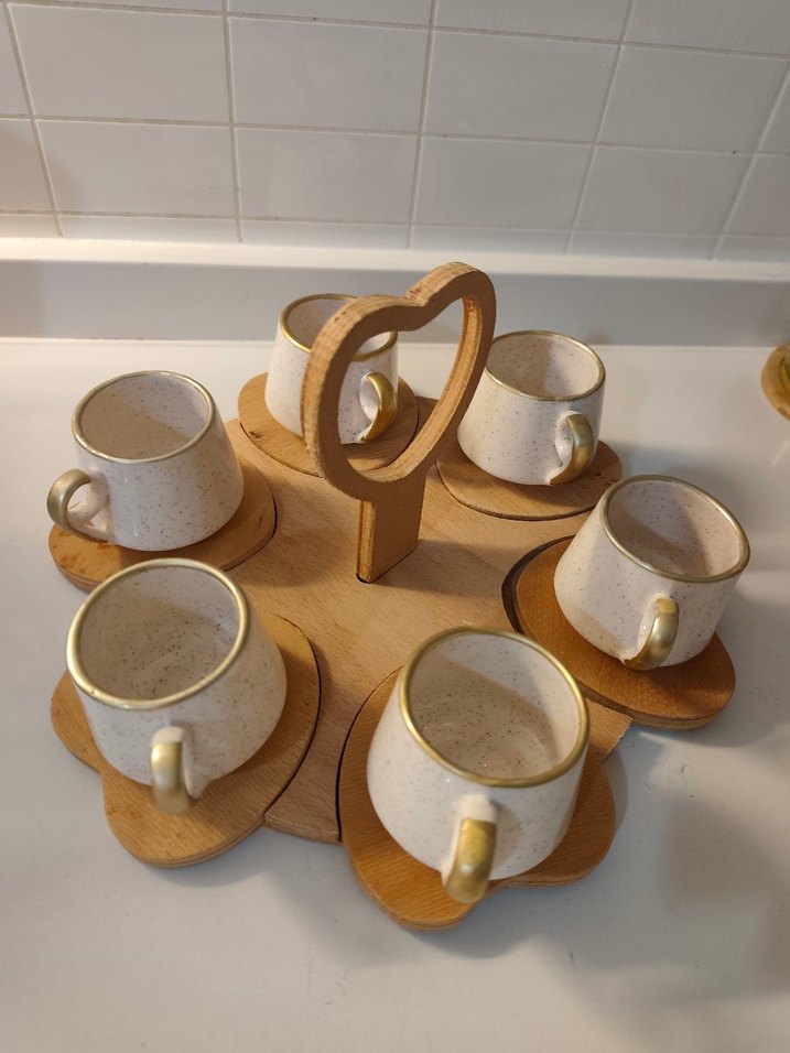 Beyaz Seramik Mini Fincan Seti Ahşap Standlı - Görsel 3