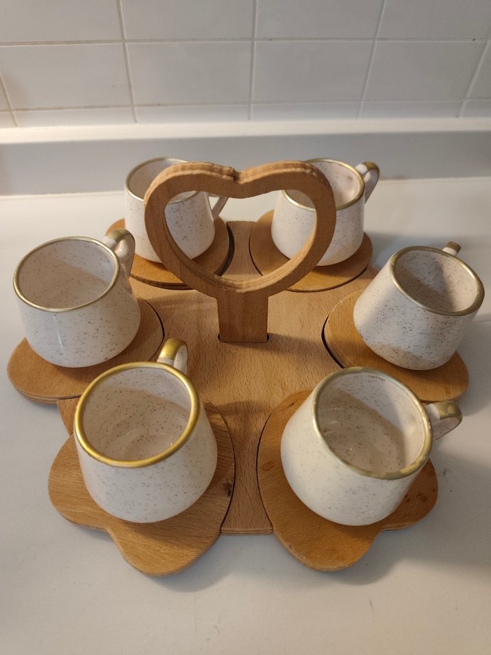 Beyaz Seramik Mini Fincan Seti Ahşap Standlı - Görsel 2