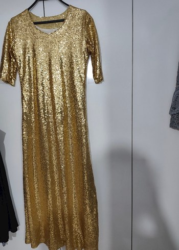 Uzun Parlak Altın Kadın Elbise - Görsel 2