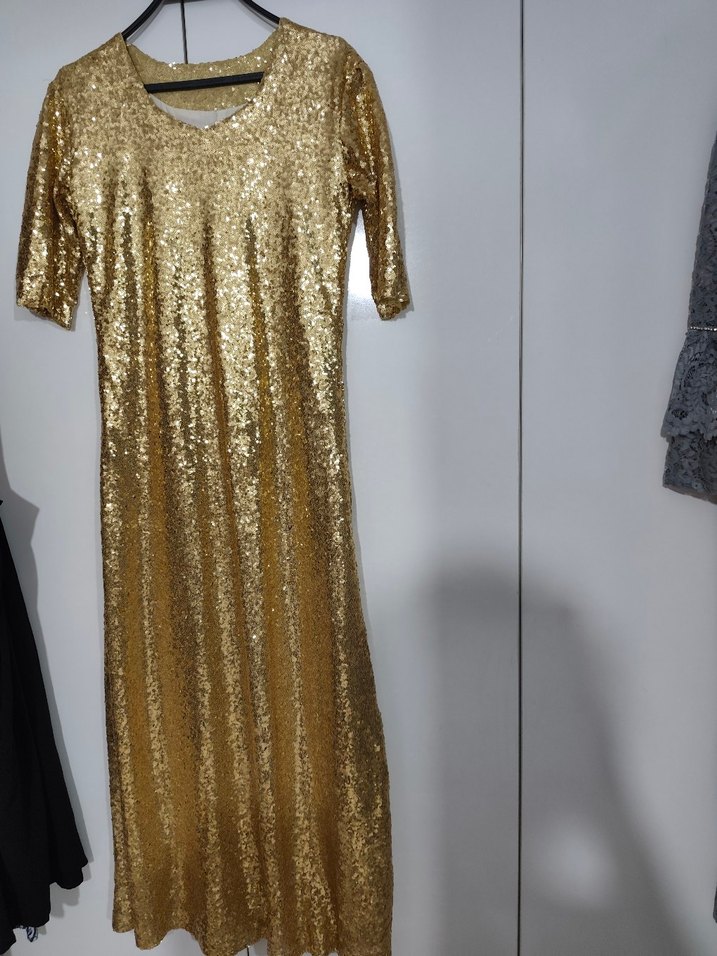 Uzun Parlak Altın Kadın Elbise - Görsel 2