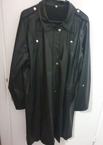 Düğmeli Siyah Deri Midi Yağmurluk - Görsel 5