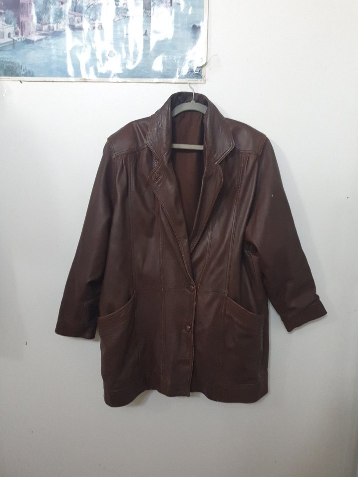 Düğmeli Kahverengi hakiki Deri Kadın Ceket - Görsel 2