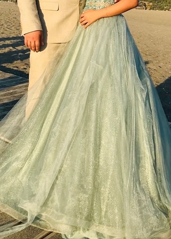 İşlemeli V Yaka su yeşili Uzun Abiye Elbise - Görsel 2