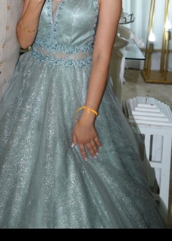 İşlemeli V Yaka su yeşili Uzun Abiye Elbise - Görsel 4