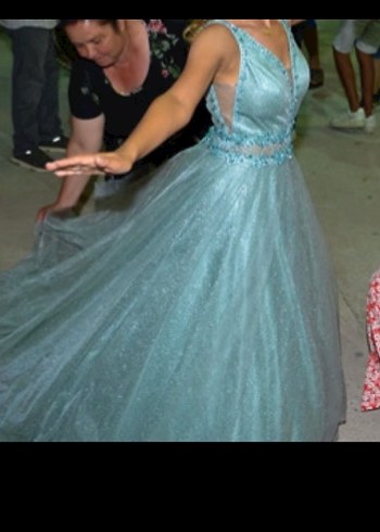 İşlemeli V Yaka su yeşili Uzun Abiye Elbise - Görsel 3