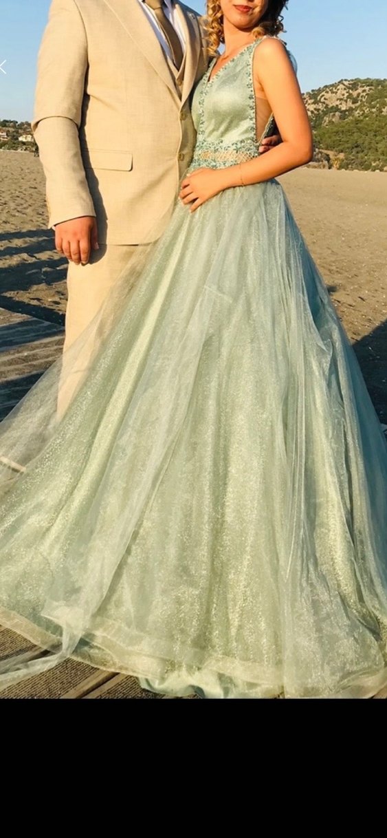 İşlemeli V Yaka su yeşili Uzun Abiye Elbise - Görsel 2