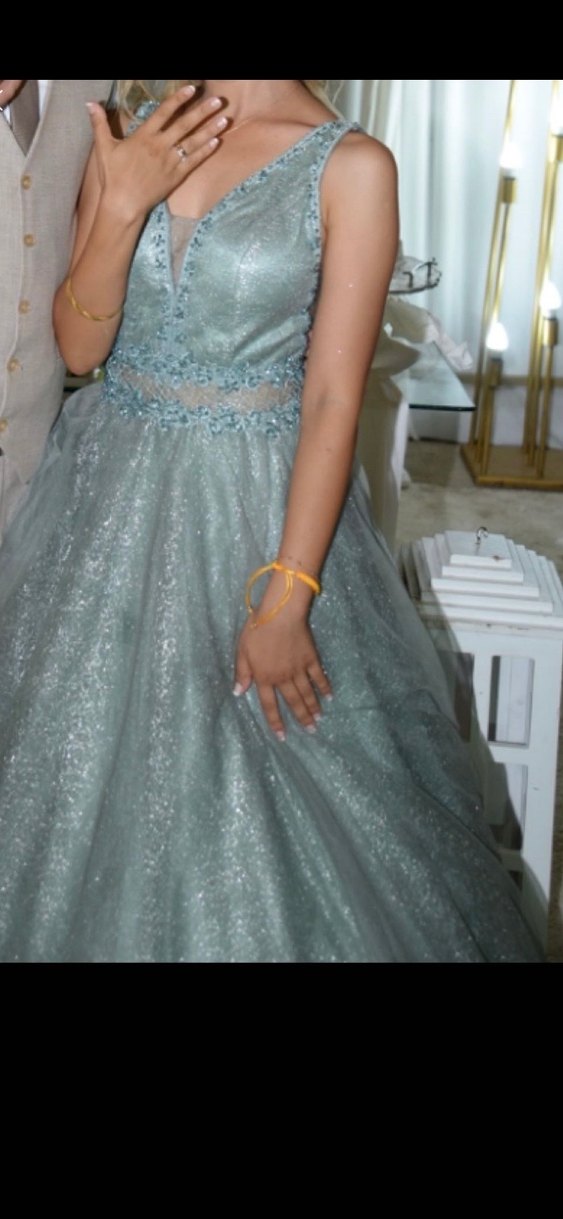 İşlemeli V Yaka su yeşili Uzun Abiye Elbise - Görsel 4