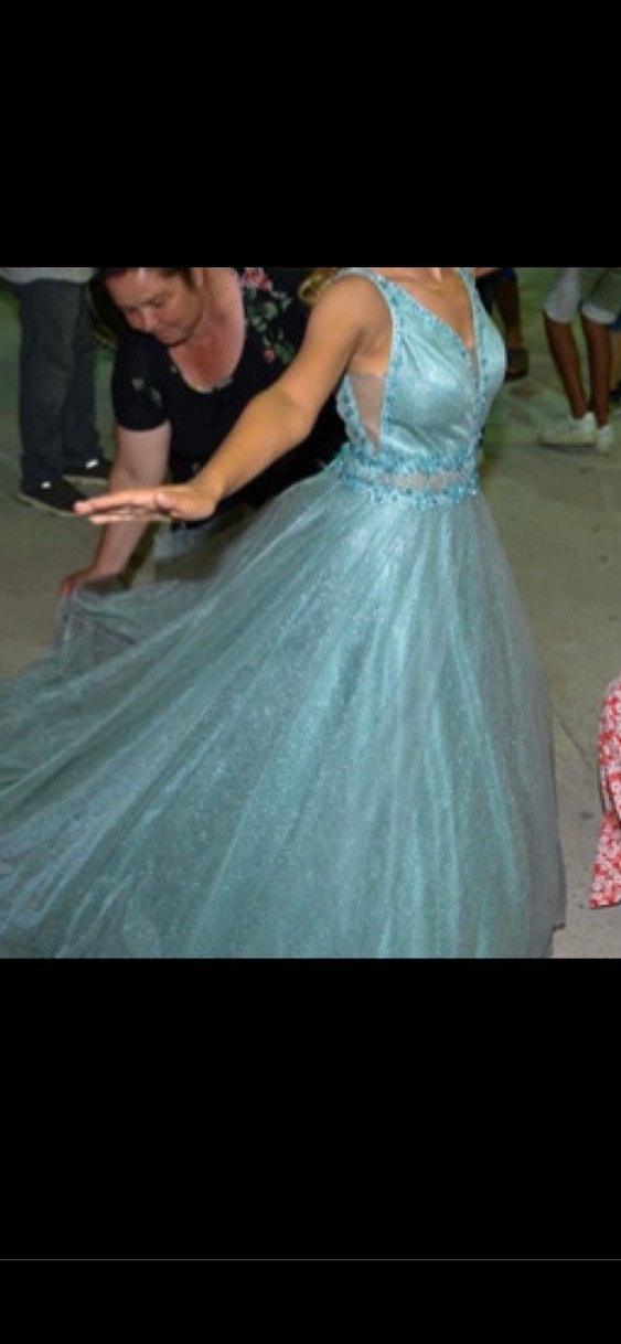 İşlemeli V Yaka su yeşili Uzun Abiye Elbise - Görsel 3