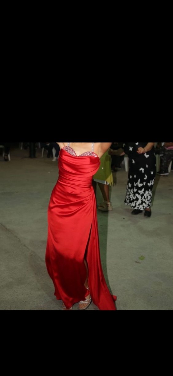 Kırmızı Drapeli Uzun Abiye Elbise - Görsel 2