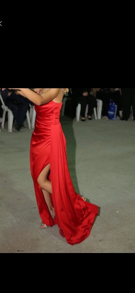 Kırmızı Drapeli Uzun Abiye Elbise - Görsel 3