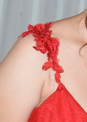 Kırmızı Nakışlı Uzun V Yaka Abiye Elbise - Görsel 4