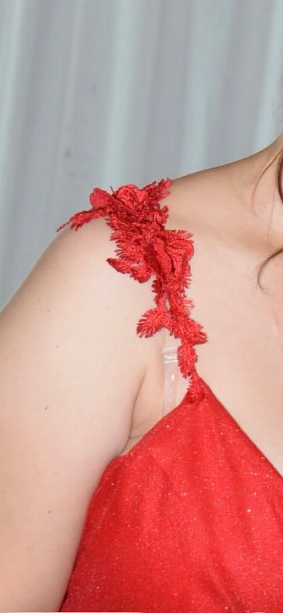 Kırmızı Nakışlı Uzun V Yaka Abiye Elbise - Görsel 4