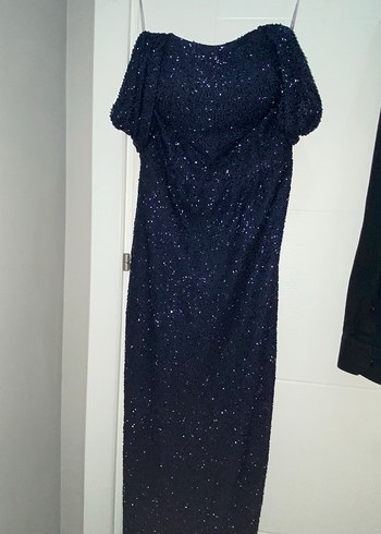 Özel dikim Lacivert Simli V Yaka Uzun Abiye Elbise - Görsel 7