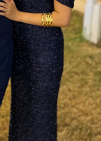 Özel dikim Lacivert Simli V Yaka Uzun Abiye Elbise - Görsel 2