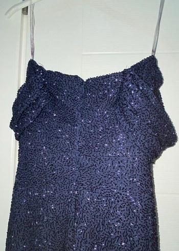 Özel dikim Lacivert Simli V Yaka Uzun Abiye Elbise - Görsel 3