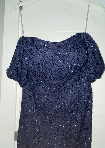 Özel dikim Lacivert Simli V Yaka Uzun Abiye Elbise - Görsel 6