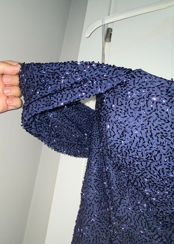 Özel dikim Lacivert Simli V Yaka Uzun Abiye Elbise - Görsel 5