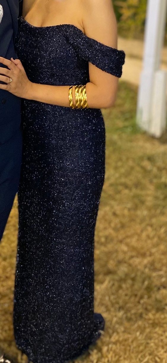 Özel dikim Lacivert Simli V Yaka Uzun Abiye Elbise - Görsel 2