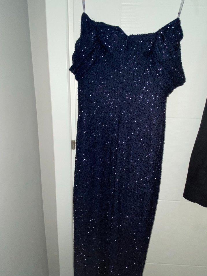 Özel dikim Lacivert Simli V Yaka Uzun Abiye Elbise - Görsel 4