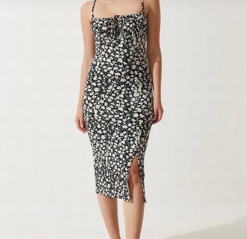 V Yaka Askılı Midi Elbise - Görsel 2