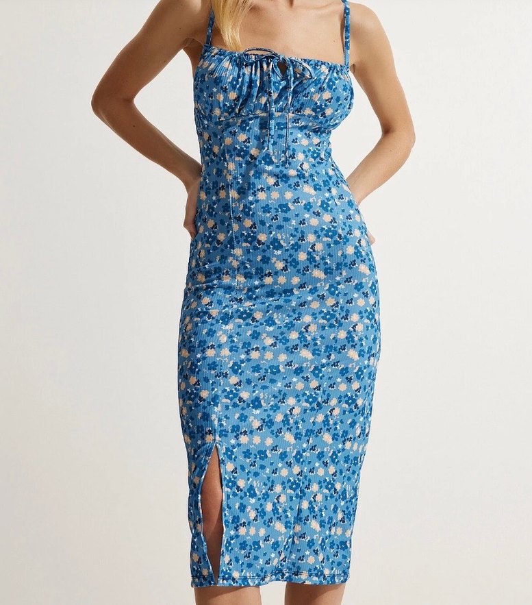 Mavi Çiçek Desenli Uzun V Yakalı Elbise - Görsel 3